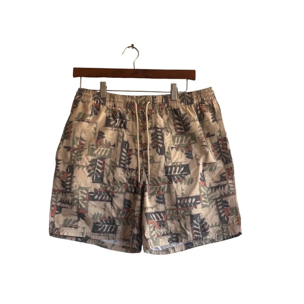 Quiksilver Waterman Mens Tan Abstract Floral Leaf Print Shorts‎ Elastic Waist
